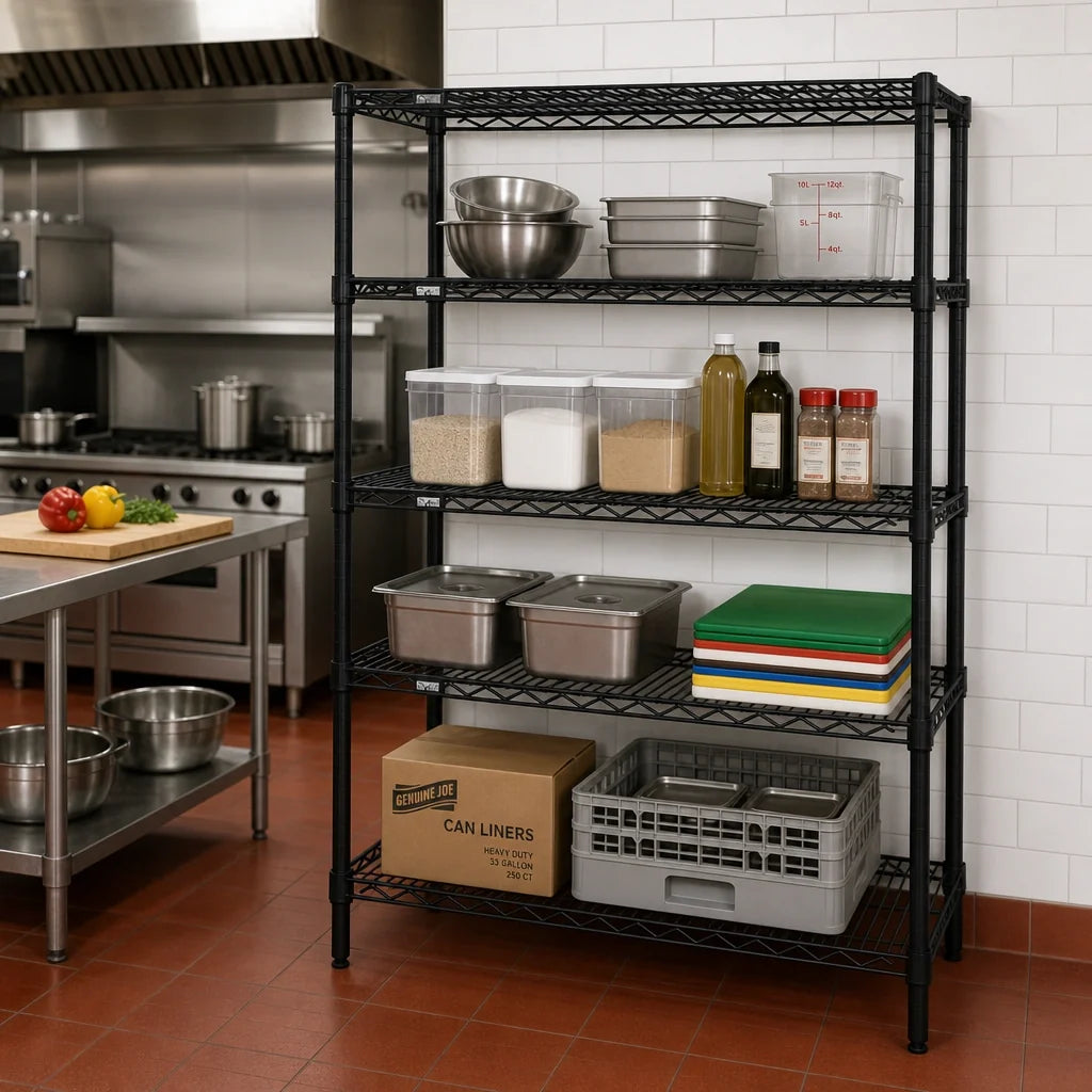 Quantum WR74-3636BK Stationary Wire Shelving Starter Kit, 36"W x 36"D x 74"H, 4 Shelves, 4 Posts, Black Epoxy