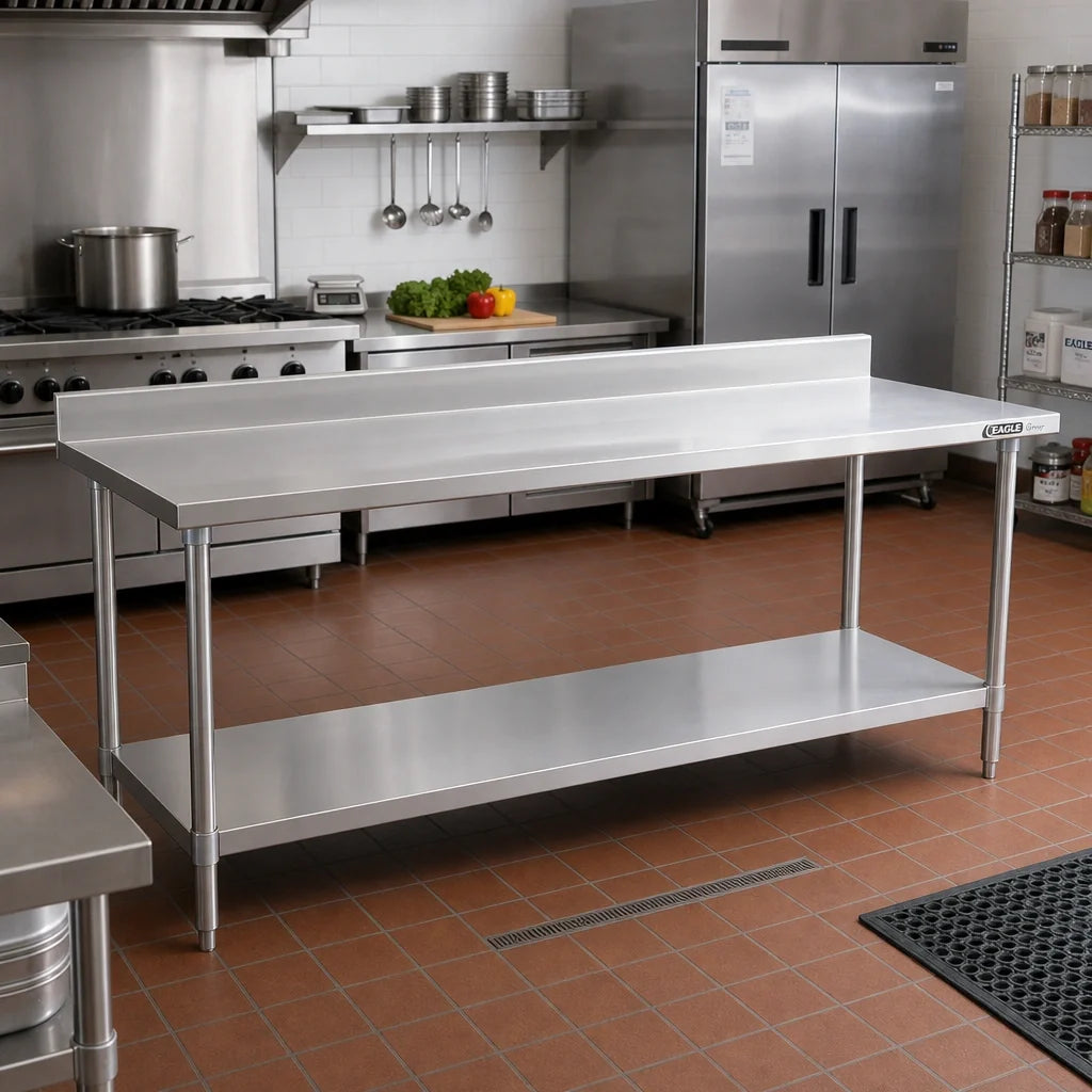 Eagle Group Budget Series T30144SB-BS 144-Inch x 30-Inch 430 Stainless Steel Work Table with Backsplash and Adjustable Undershelf