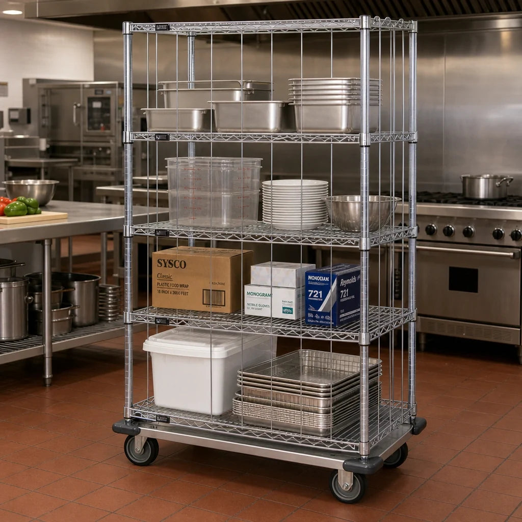Quantum MD2460C46RE Mobile Wire Shelving Cart, 4 Shelves, Chrome Finish, 60 x 24 x 70 Inches