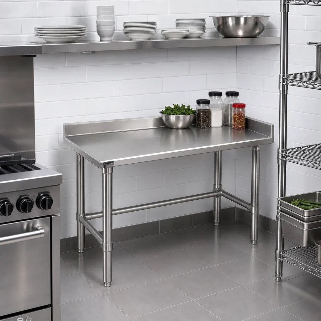 Eagle Group Budget Series T3030STB-BS 30 x 30 Inch 430 Stainless Steel Corner Work Table with 4-1/2 Inch Backsplash