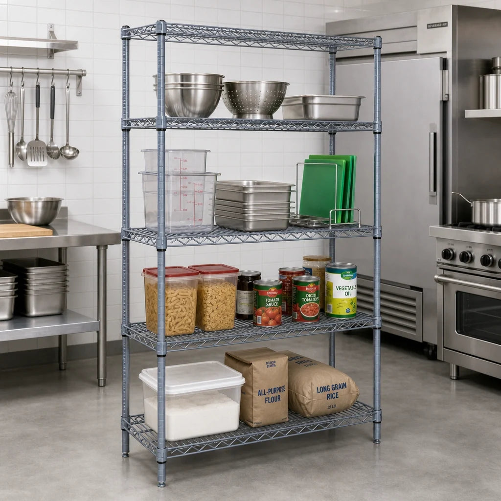 Quantum WR63-3648GY-5 Wire Shelving Starter Kit, 48"W x 36"D x 63"H, 5 Shelves, Gray Epoxy Finish