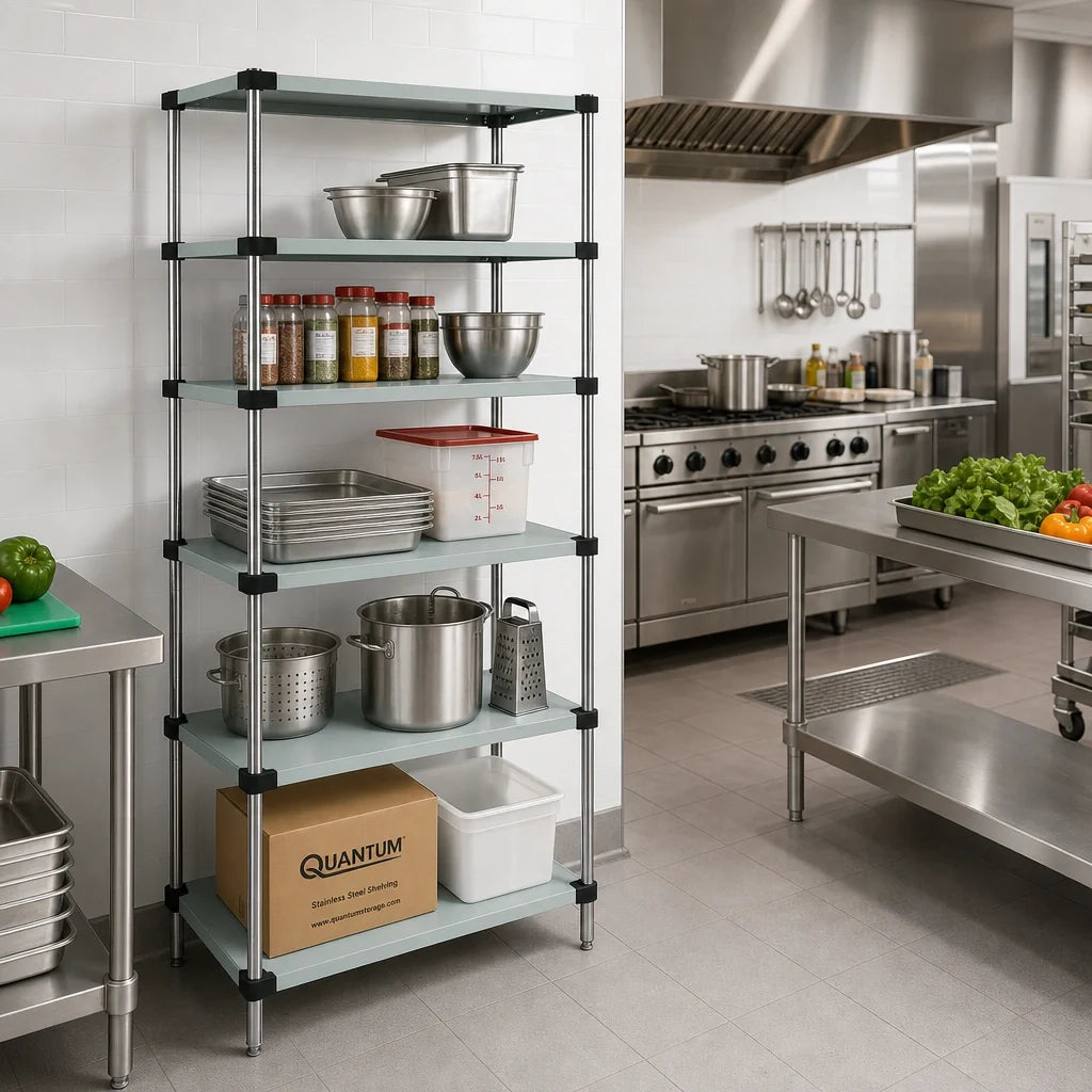 Quantum WRS5-74-2430SS 304 Stainless Steel Solid Shelving Starter Kit, 30 W x 24 D x 74 H in., 5 Shelves
