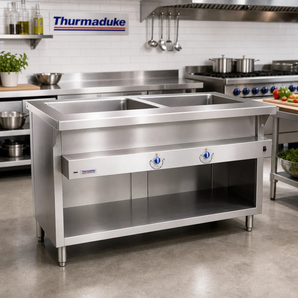 Duke Manufacturing Thurmaduke E-2-DLPG 32-Inch Electric 2-Pan Steamtable Unit with Sealed Wells and Open Storage Base