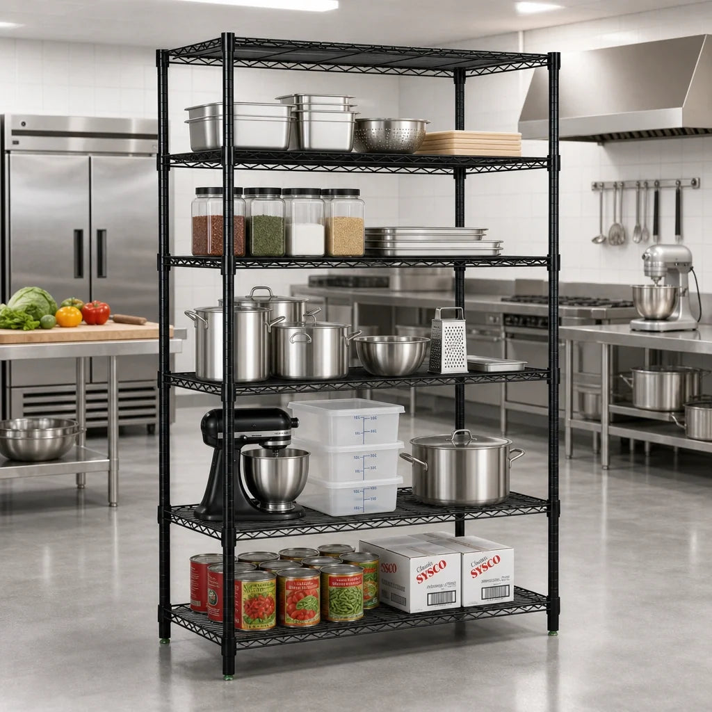 Quantum WR54-2460BK-5 Black Epoxy Stationary Wire Shelving Starter Kit, 60"W x 24"D x 54"H, 5 Shelves