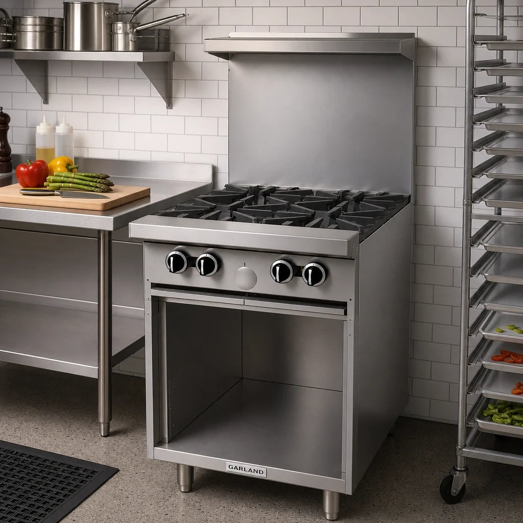 Garland G Starfire Pro G24-4S 24-Inch Gas Restaurant Range with 4 Open Burners, Storage Base and High-Shelf Backguard