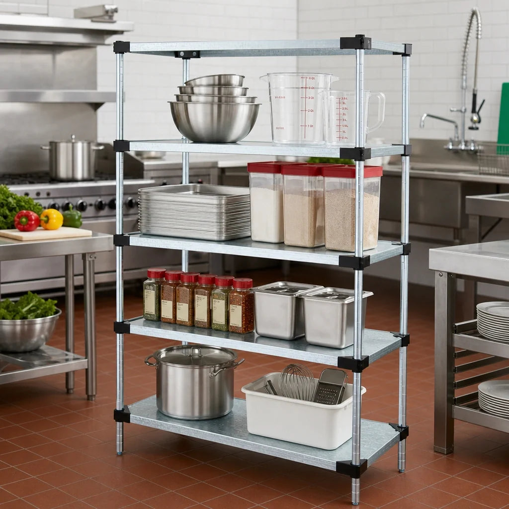 Quantum WR54-2130SG 4-Shelf Solid Shelving Starter Unit, Stationary, Galvanized Steel Shelves, 30"W x 21"D x 54"H