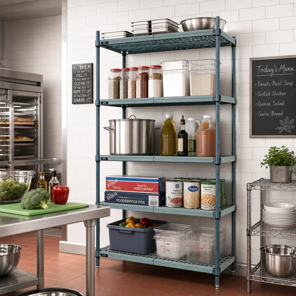Quantum WR86-1436WPM-5 5-Tier Stationary Wire Shelving Unit with Plastic Mats, 36W x 14D x 86H, Green Epoxy
