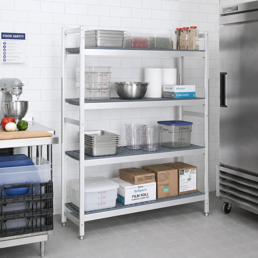 Fermod Fermostock 4R38A71 4-Tier Stationary Starter Polymer Shelving Unit, 71"H x 38"W x 14"D, Perforated, Gray