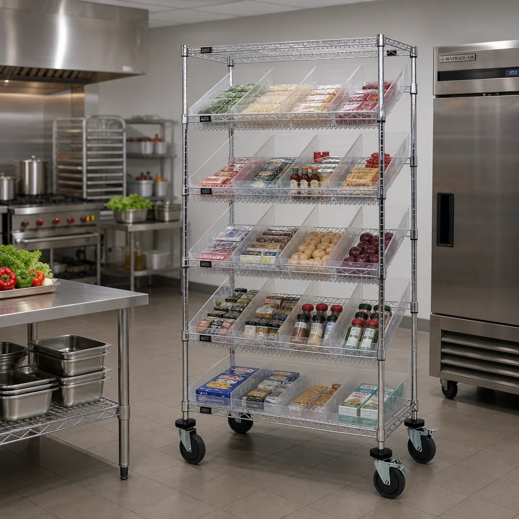 Quantum MWRS-7-108CL Mobile Wire Shelving Bin System with 24 Clear Bins, 7 Shelves, Chrome-Plated, 36 x 18 x 74 Inches