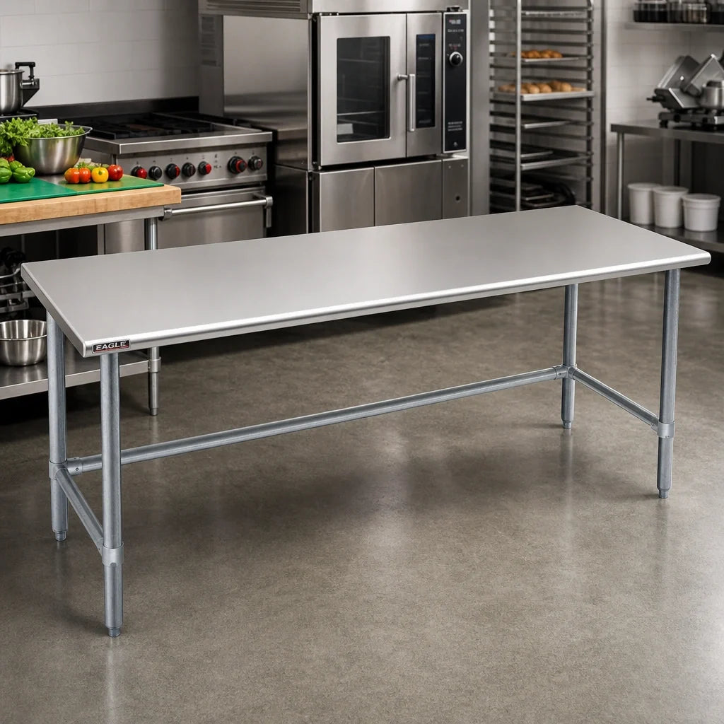 Eagle Group Spec-Master T30120GTE 120" x 30" Flat-Top Stainless Steel Work Table, 14-Gauge 304 Top, Galvanized Open Base