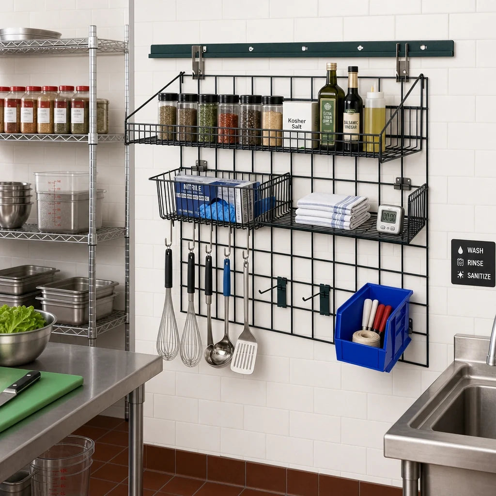 Quantum Store Grid SGK-403036-2P Standard-Duty Wall-Mounted Storage Grid Starter Kit with Shelf, Basket, Bin Holder, and Green Epoxy Finish