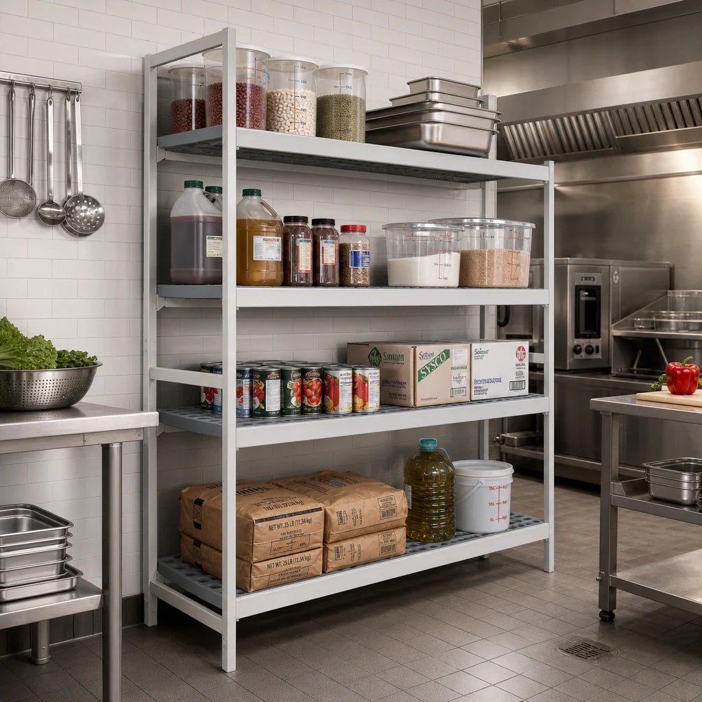 Fermod Fermostock 4R38C83-E 4-Tier Perforated Polymer Shelving Add-On Unit, 83"H x 38"W x 22"D, Gray, Aluminum Upright