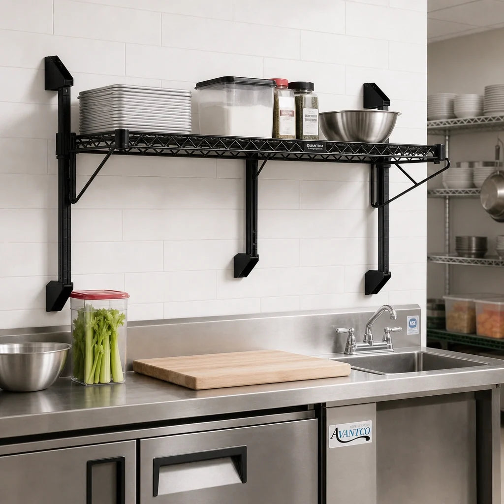 Quantum WC14-CB1436BK Wall-Mounted Cantilever Wire Shelf, Single Shelf, 36 x 14 Inches, Black Epoxy