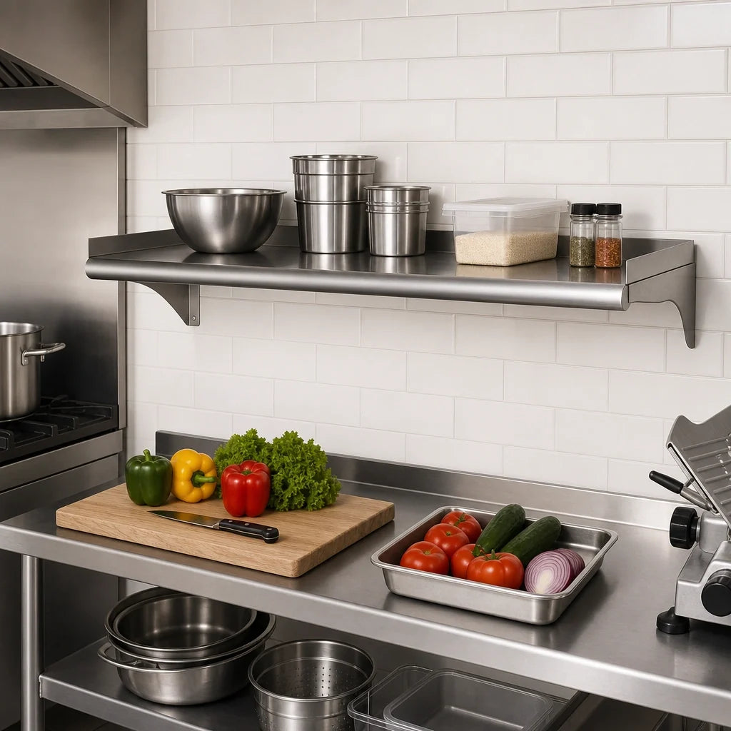 Eagle Group WS1248-14/3 48" W x 12" D Wall-Mounted Shelf, 14 Gauge 304 Stainless Steel, Rolled Front Edge, NSF