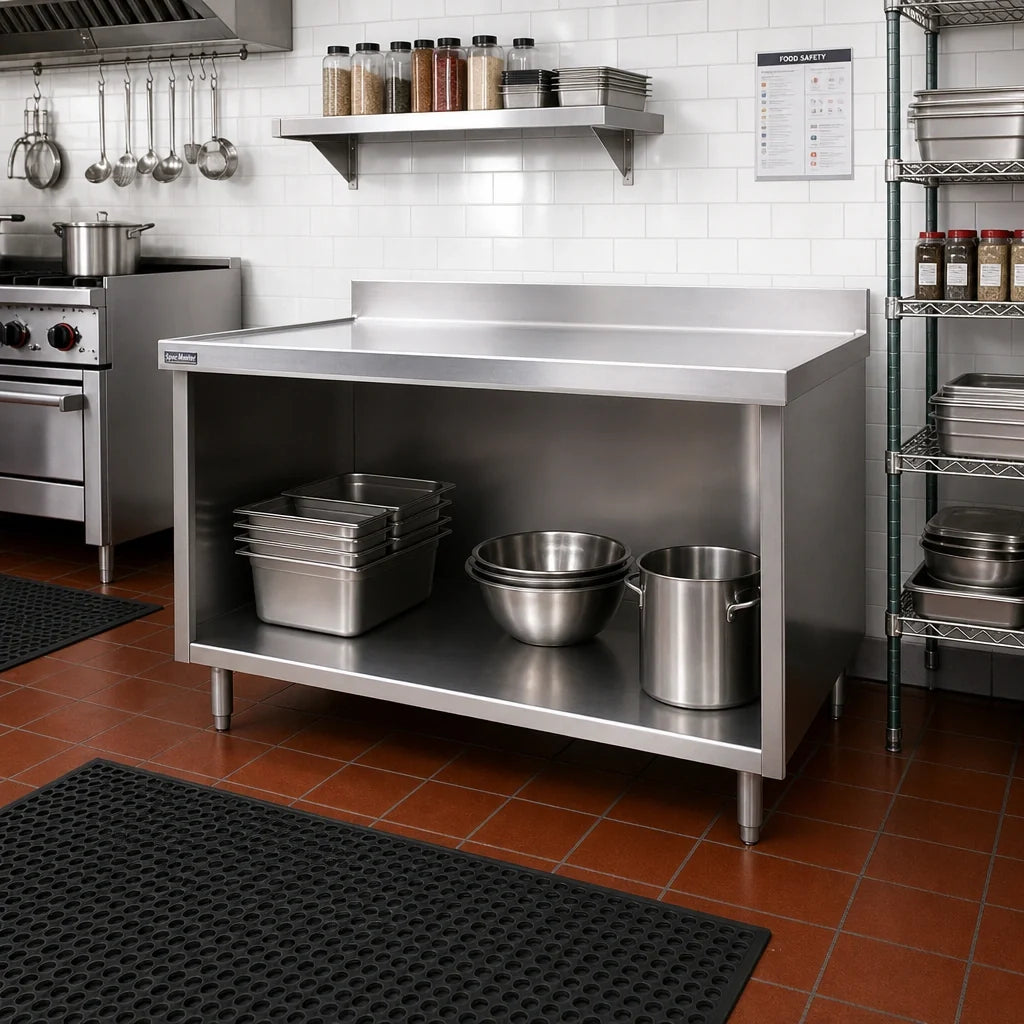 Eagle Group Spec-Master OB3084SEM Open-Front Cabinet Base Work Table, 84 x 30 in, 14-Gauge 304 Stainless Top, Marine Edge