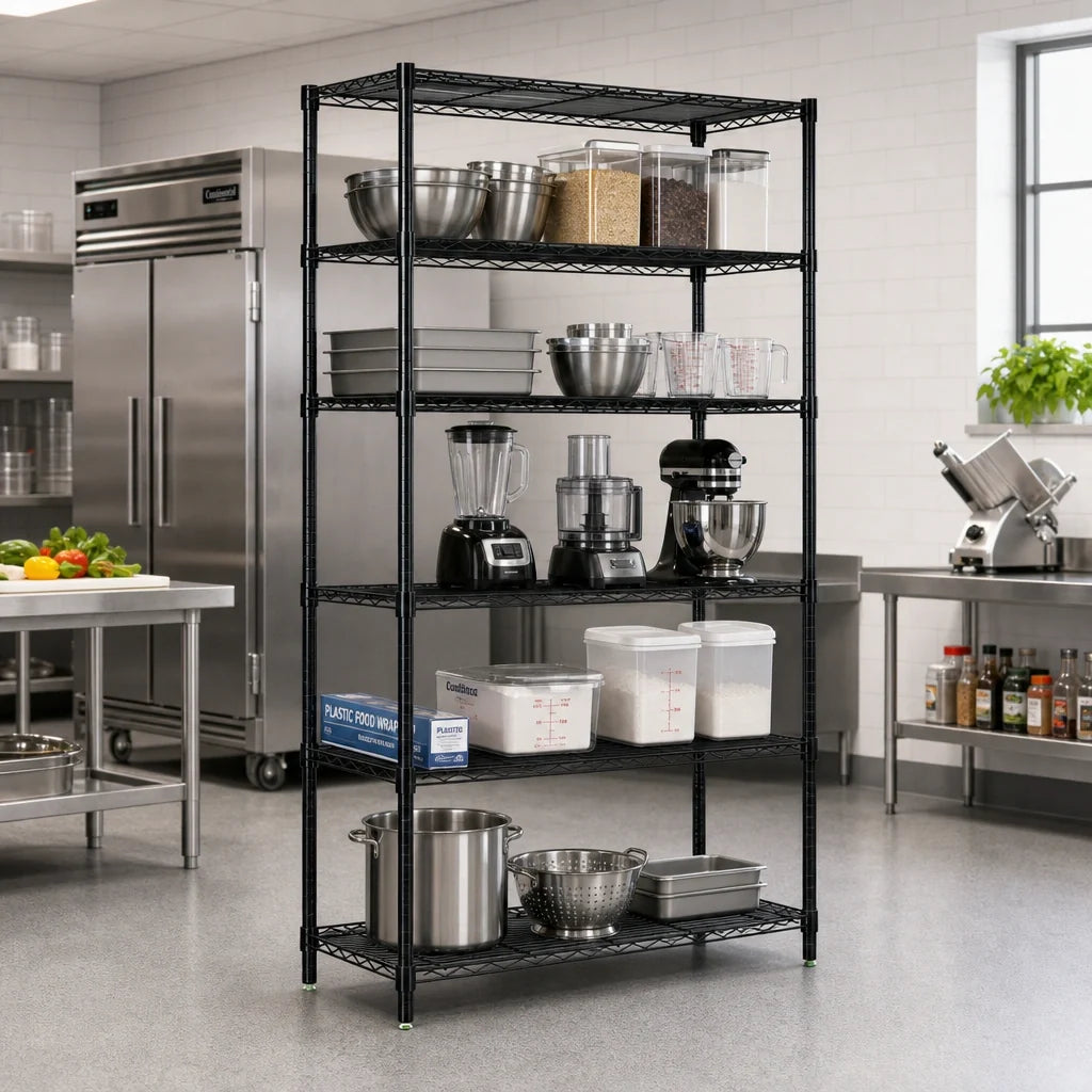 Quantum WR54-1472BK-5 Wire Shelving Starter Unit, 72"W x 14"D x 54"H, 5 Shelves, Black Epoxy Finish