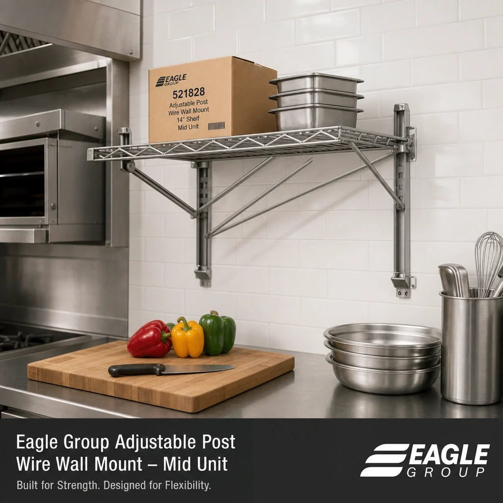 Eagle Group PWM14-1S Adjustable Post Wire Wall Mount Prepackaged Mid Unit for 14-Inch Shelves, 14-Inch Post, Stainless Steel