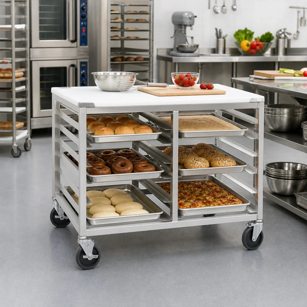 Channel Manufacturing DS2414/P Double-Section Aluminum Bun Pan Rack Work Table, Poly Top, End-Load Slides, 5-Inch Casters