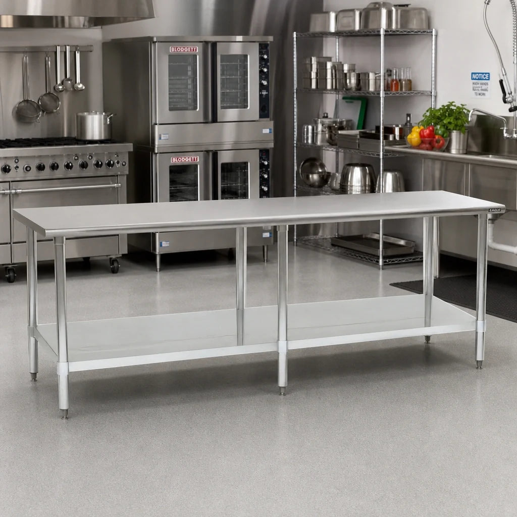 Eagle Group Budget Series T36144B Flat Top Work Table, 144"W x 36"D, 430 Stainless Steel, Rolled Edges, Adjustable Galvanized Undershelf