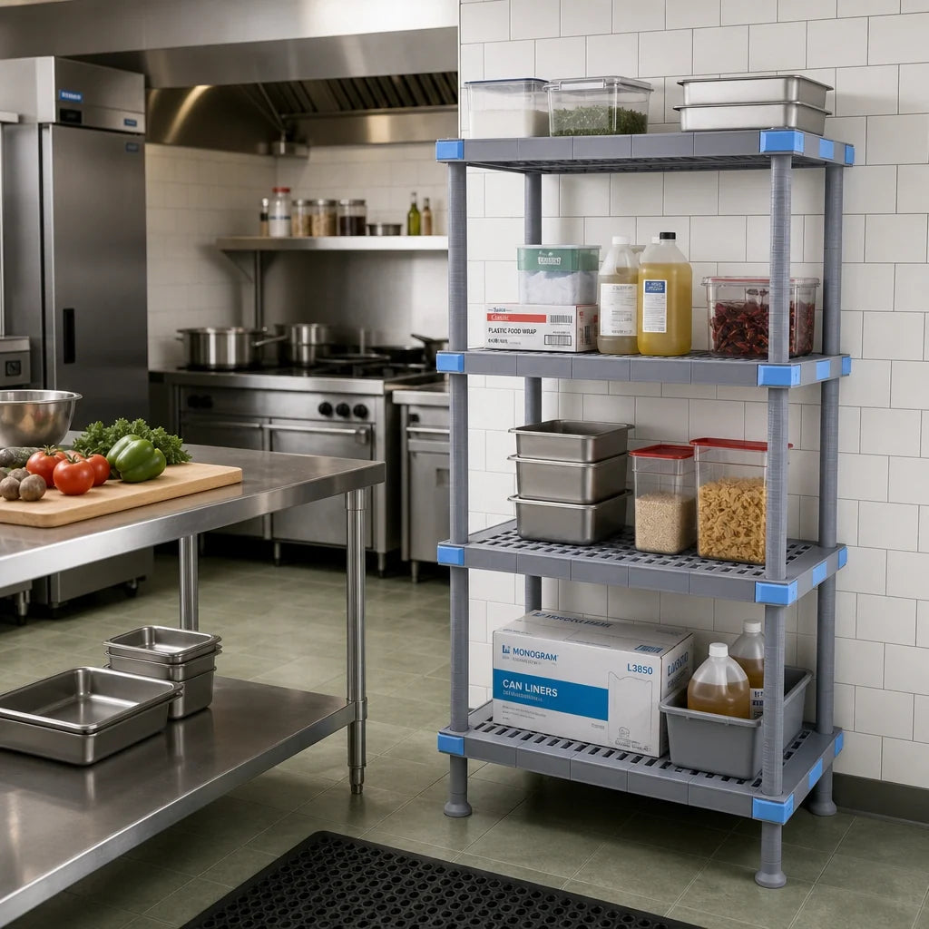 Quantum Millenia QP183086VS-4 30" W x 18" D x 86" H Gray Polymer Shelving Starter Unit with 4 Open Grid Shelves