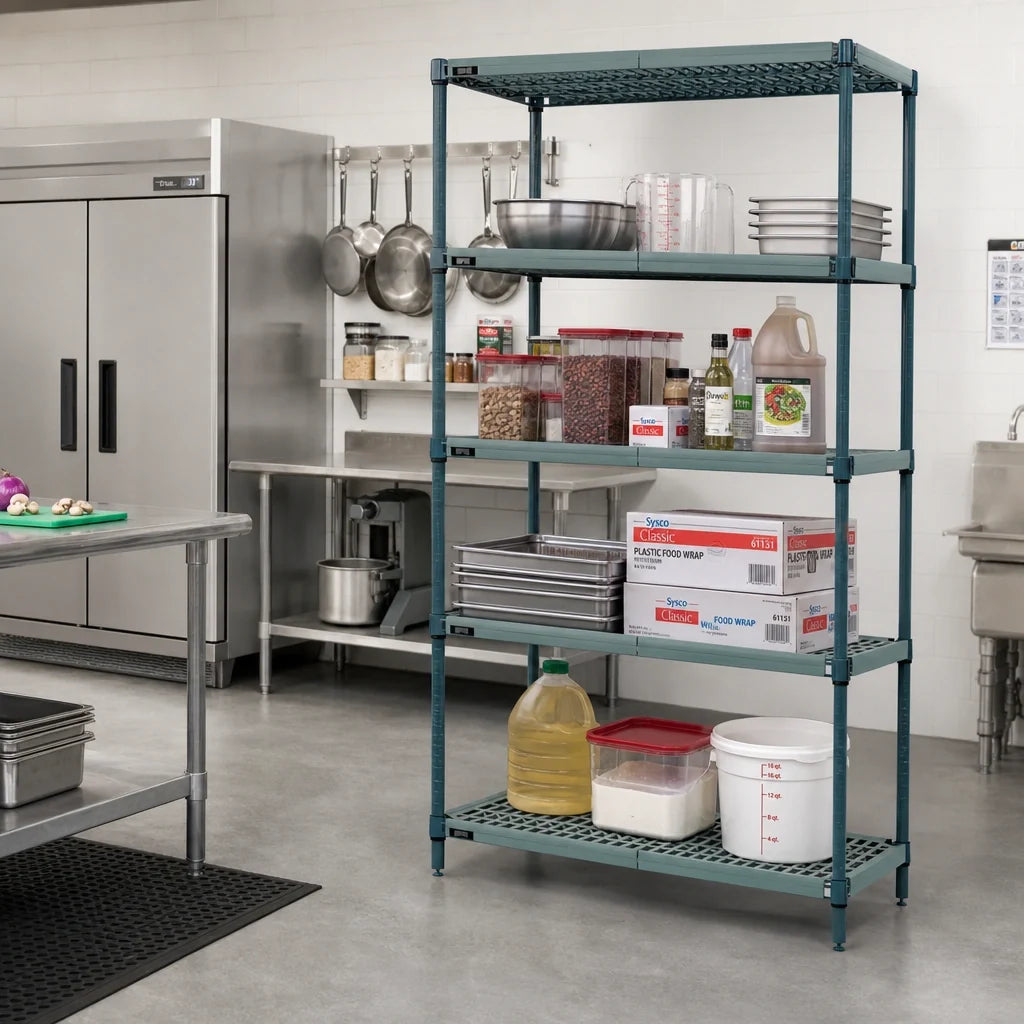 Quantum WR86-1836WPM 4-Tier Stationary Wire Plastic Mat Shelving Unit, 36W x 18D x 86H, Green Epoxy