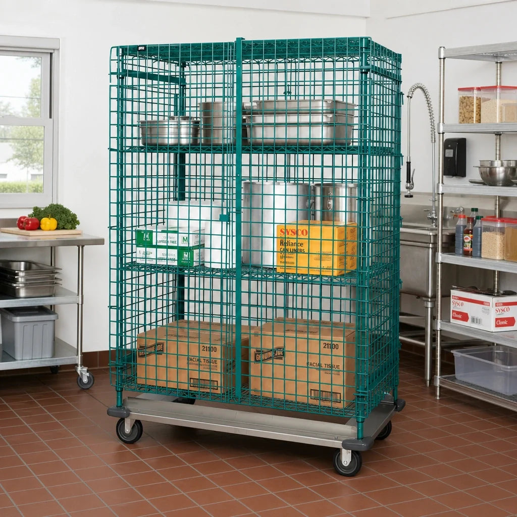 Quantum MD2436-70SECP Mobile Wire Security Cage, 36"W x 24"D x 70"H, Green Epoxy Finish