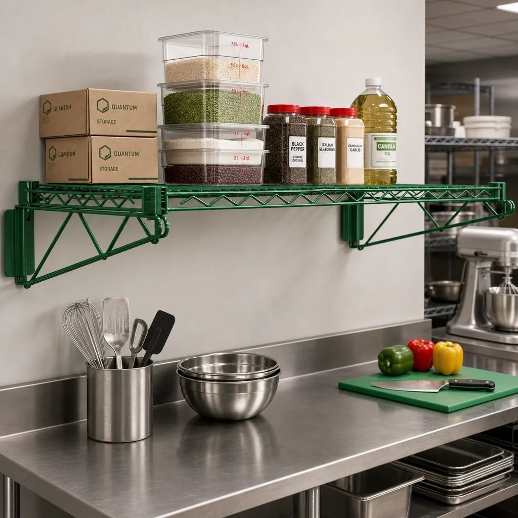 Quantum WDWB2442P Wall-Mount Cantilever Wire Shelf, Single Tier, 42"W x 24"D, Green Epoxy-Coated
