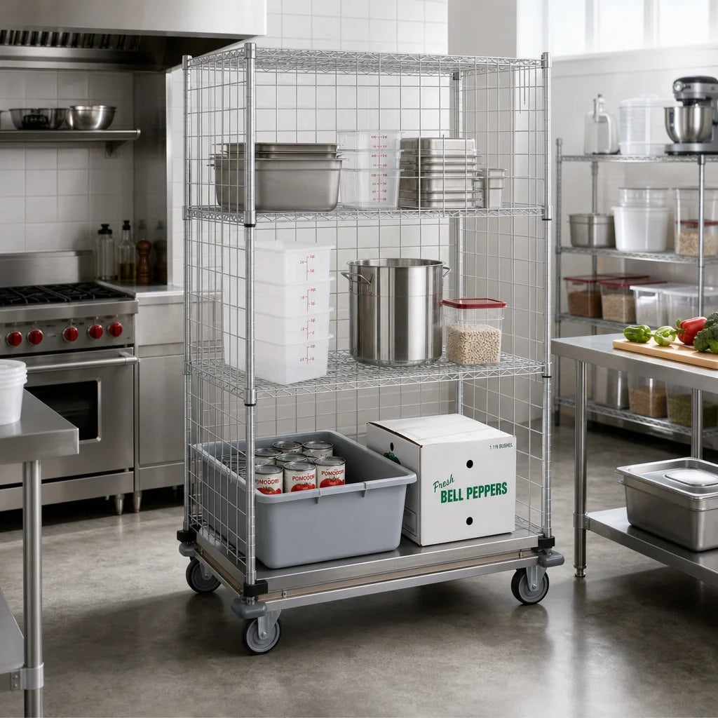Quantum WRDBS4-74-2436EP Wire Enclosed Mobile Cart, 36 x 24 x 80 Inches, 1200 lb. Capacity, 3 Wire/1 Solid Shelf