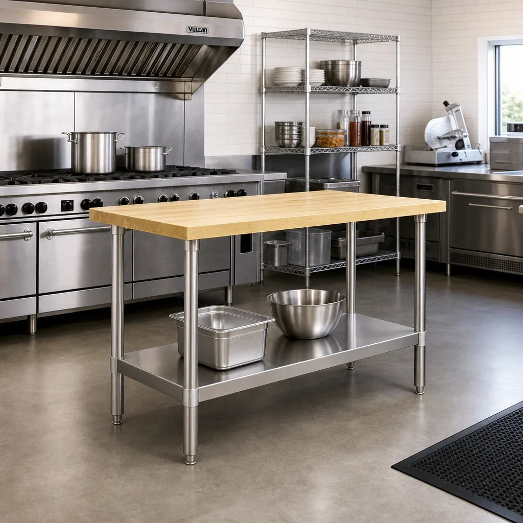 Eagle Group MT2448S 48 x 24 Inch Hardwood Top Work Table, 1-3/4 Inch Thick, Stainless Steel Open Base with Undershelf