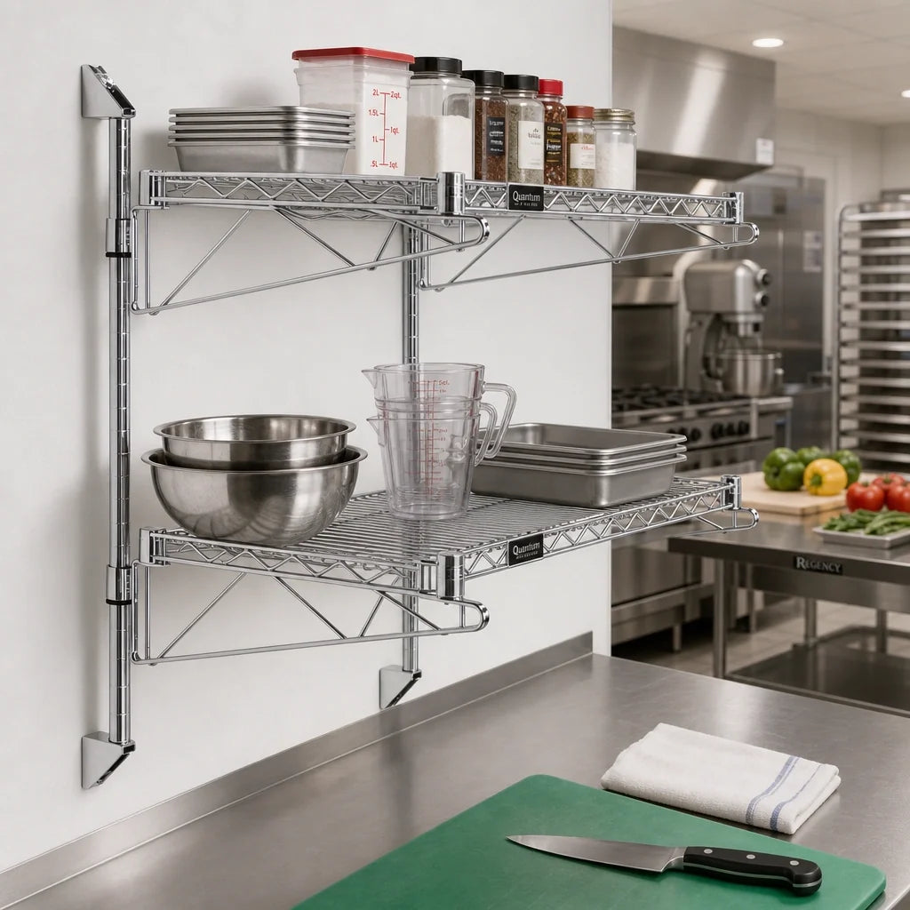 Quantum WC34-CB1424C Wall-Mount Cantilever Wire Shelving Unit, 2 Shelves, 24 x 14 x 34 Inches, Chrome-Plated
