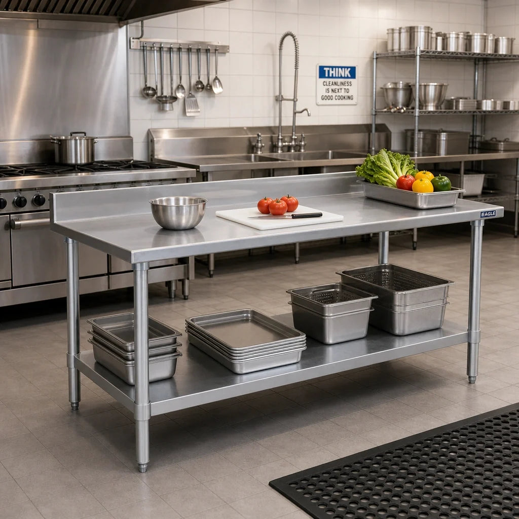 Eagle Group Spec-Master T30120SE-BS 120-Inch x 30-Inch 14-Gauge Stainless Steel Work Table with Backsplash and Adjustable Undershelf