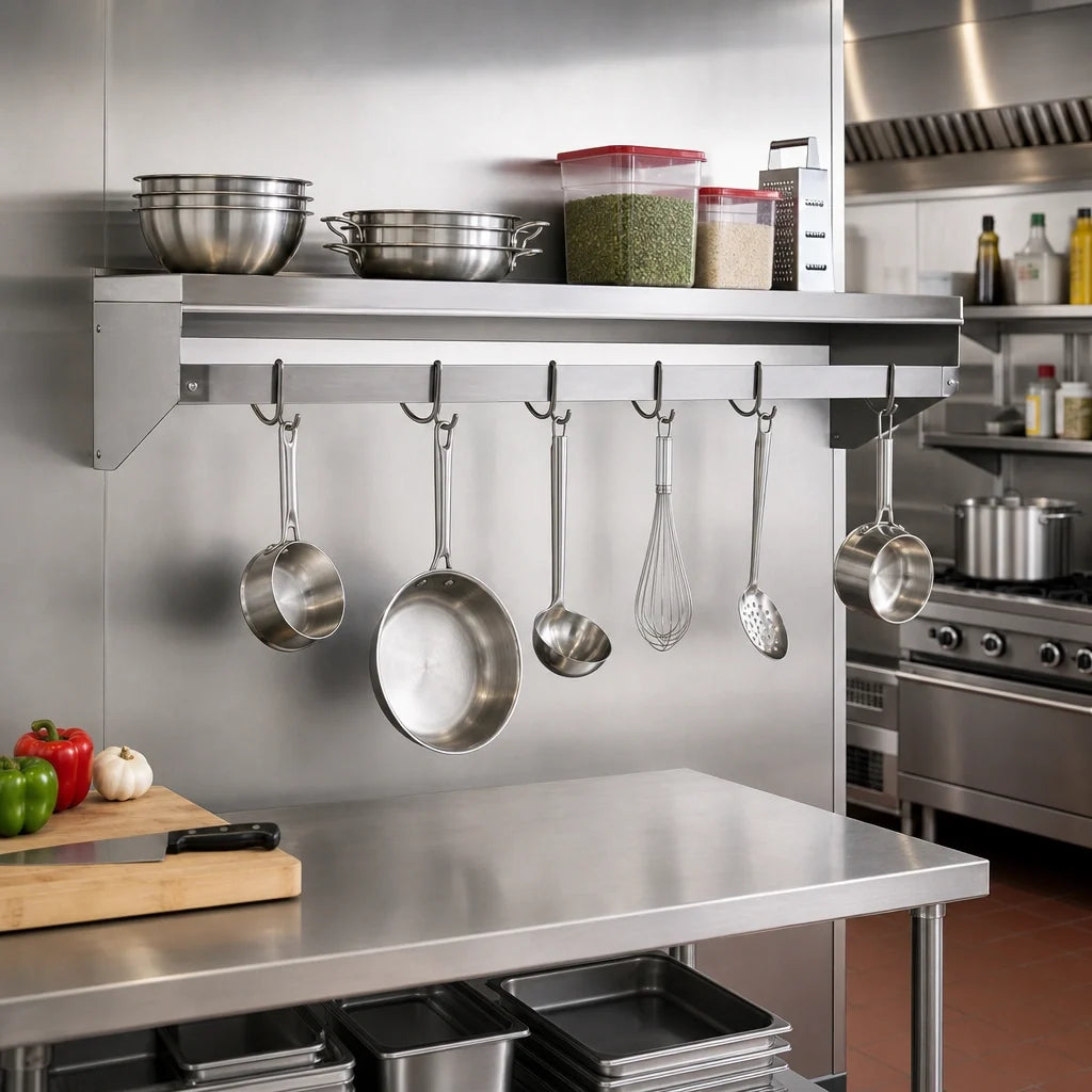 Eagle Group WSP1060 60-Inch Wall-Mounted Stainless Steel Pot Rack Shelf with Removable Double-Prong Hooks