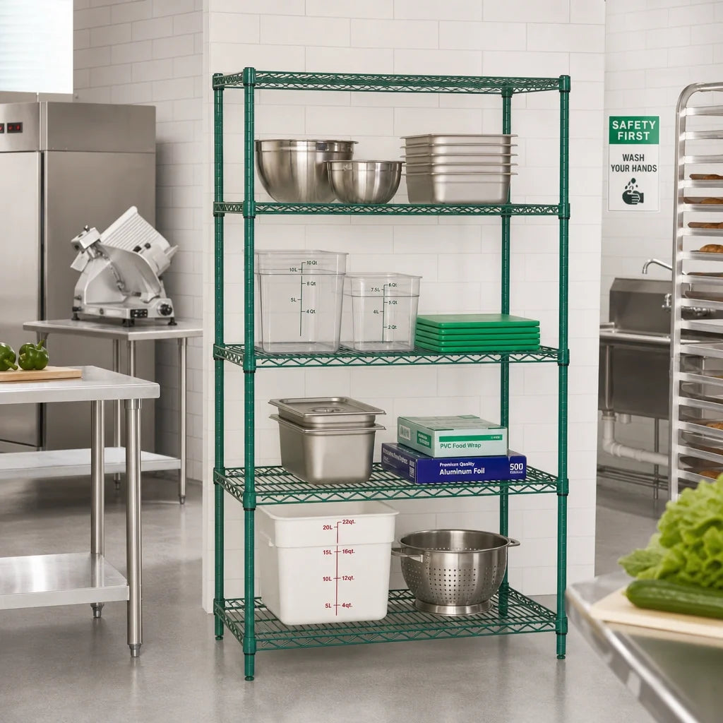 Quantum WR54-1454P Green Epoxy Wire Shelving Starter Unit, 54"W x 14"D x 54"H, 4 Shelves, Stationary
