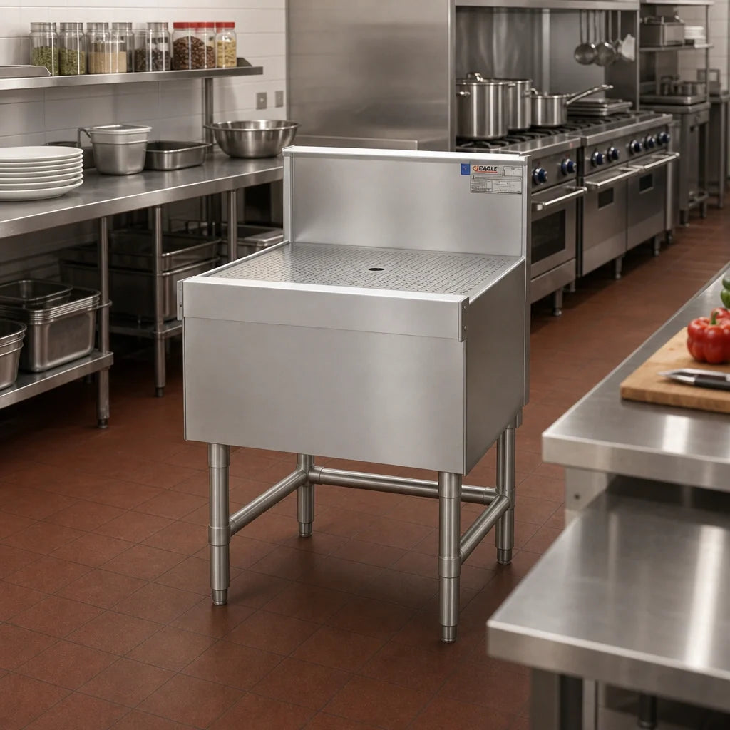 Eagle Group Spec-Bar WB18-19 Freestanding Stainless Steel Workboard, 18" W x 19" D, Open Base, Perforated Insert, 8" Backsplash & Drain