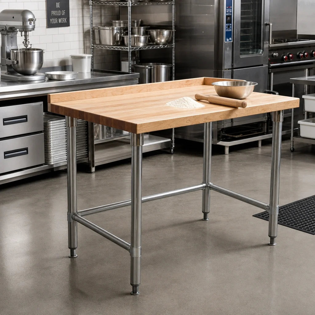 Eagle Group MT3048GT-BS 48 x 30 Inch Baker's Top Hardwood Work Table, 1-3/4 Inch Top, 4 Inch Side/Rear Splash, Galvanized Base