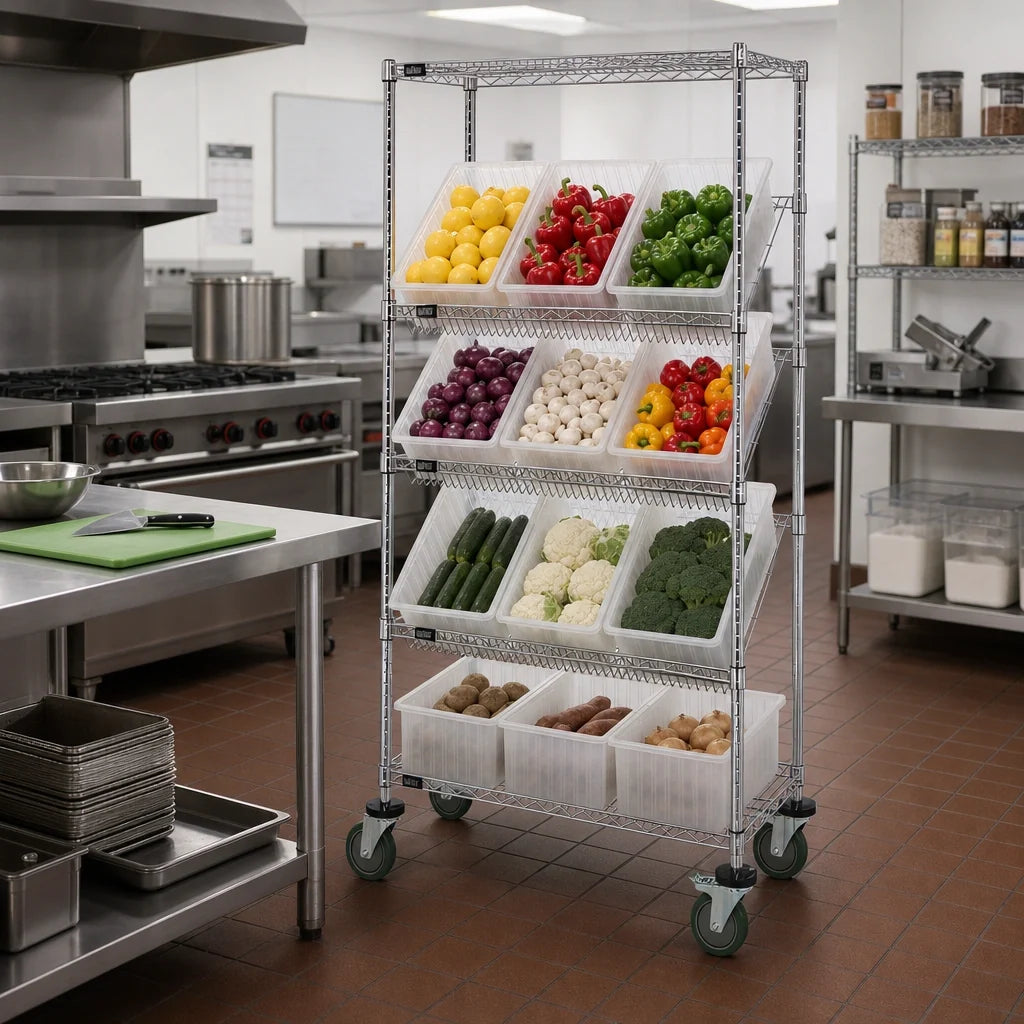 Quantum MWRS-5-92060 Mobile Chrome Wire Shelving Bin System, 5 Shelves, 12 Bins, 36W x 18D x 63H