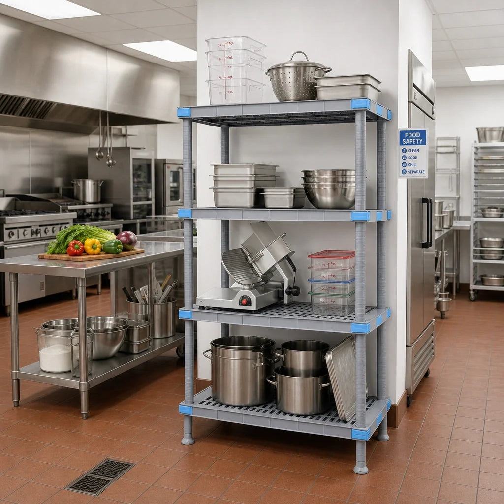Quantum Millenia QP214874VS-4 48"W x 21"D x 74"H Gray Polymer Shelving Unit, 4 Open-Grid Shelves, Stationary Starter
