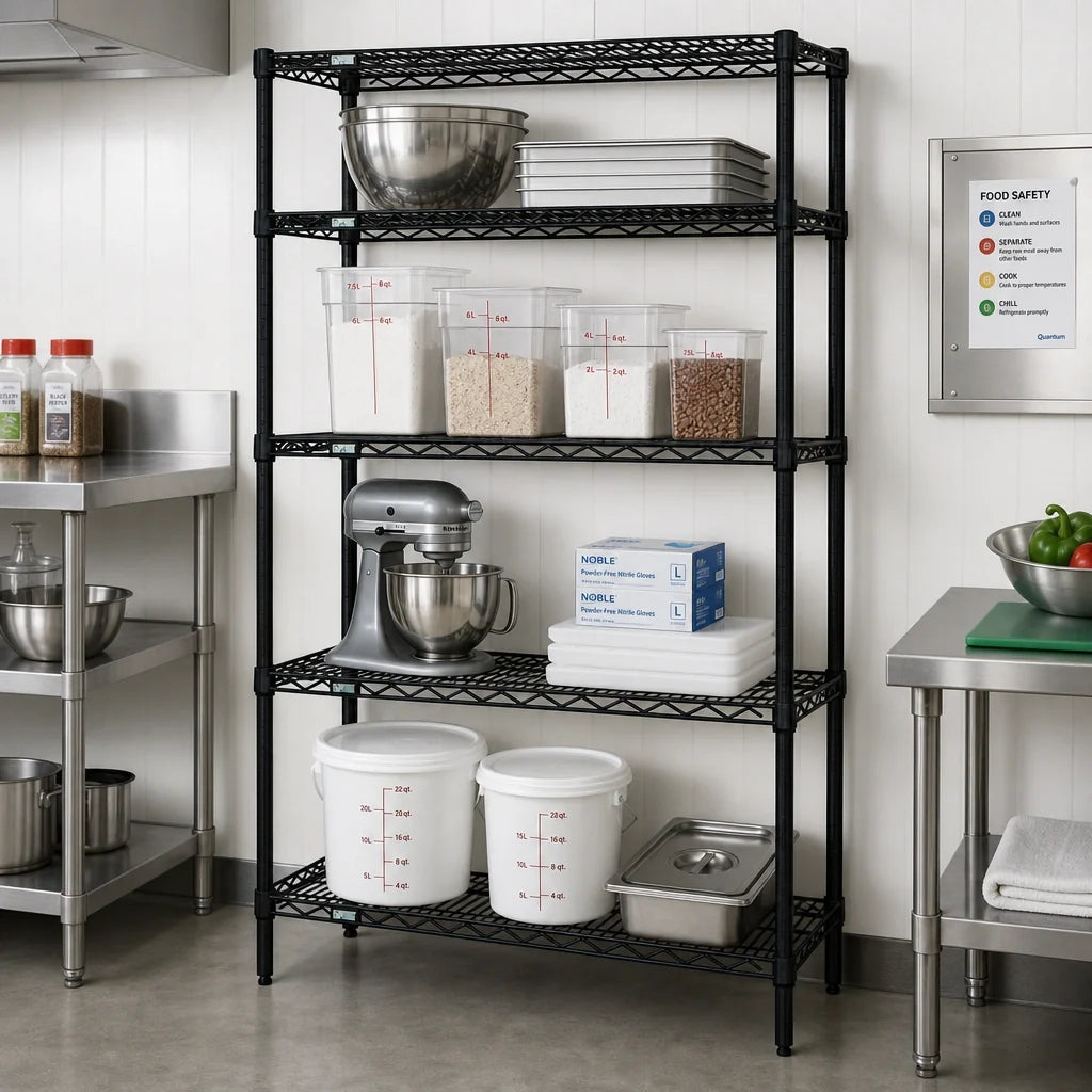 Quantum WR86-2148BK Stationary Wire Shelving Starter Unit, 48"W x 21"D x 86"H, 4 Shelves, Black Epoxy Antimicrobial Finish