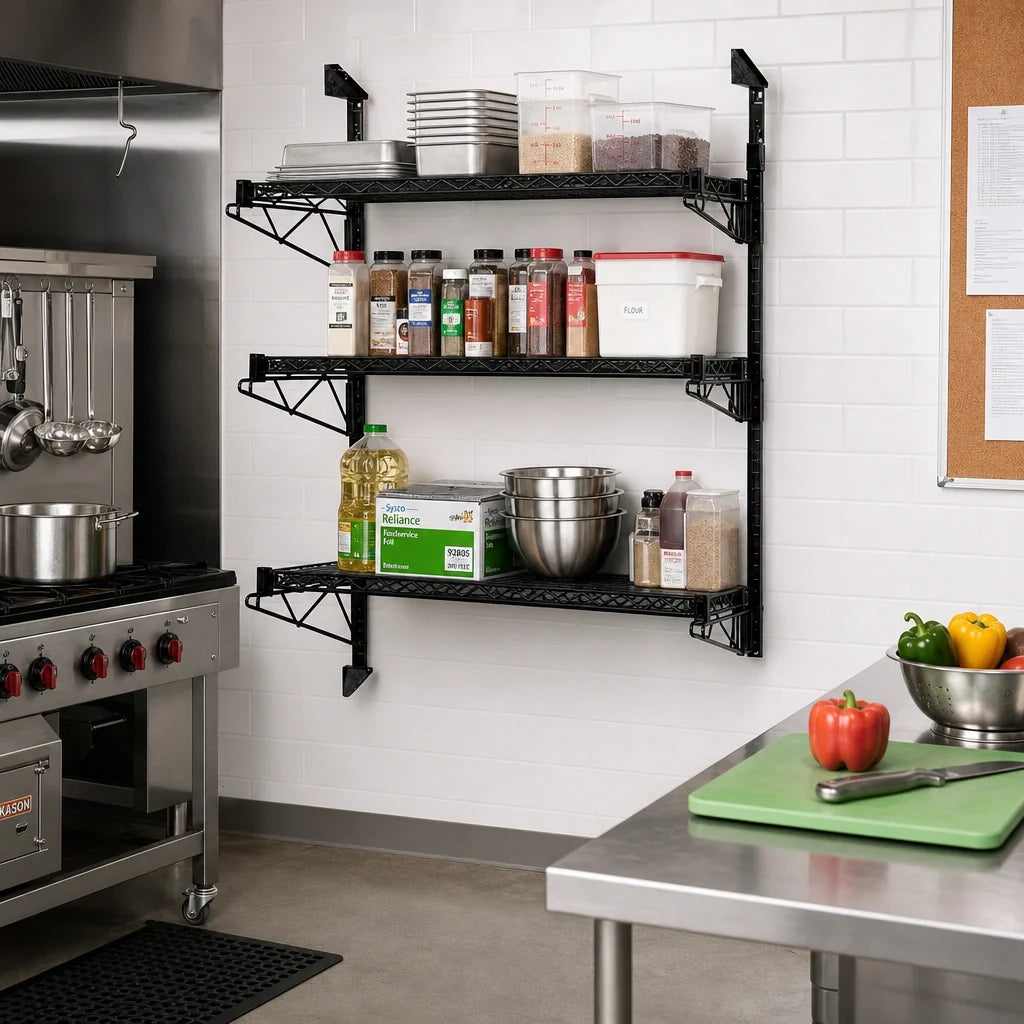 Quantum WC54-CB1860BK Wall-Mounted Shelving Starter Unit with 3 Wire Shelves, Black Epoxy Antimicrobial Finish