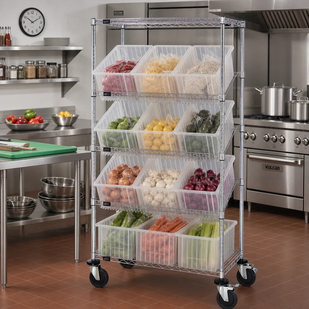 Quantum MWRS-5-92080CL Mobile Chrome Wire Shelving Bin System, 5 Shelves, 12 Clear Bins, 36 x 18 x 63 Inches