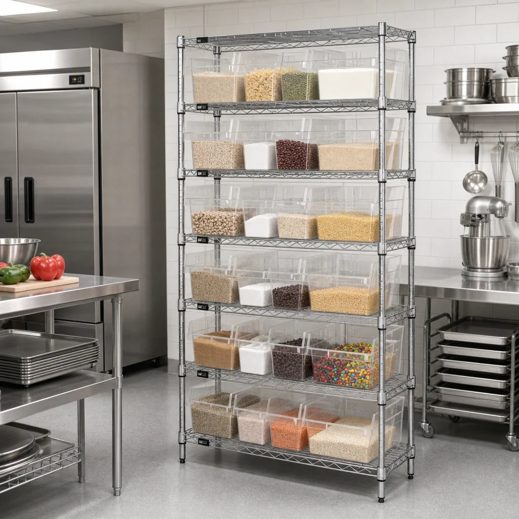 Quantum WR8-810CL Bin Wire Shelving System, 36W x 18D x 74H, 8 Shelves, 21 Clear Bins, Chrome Finish