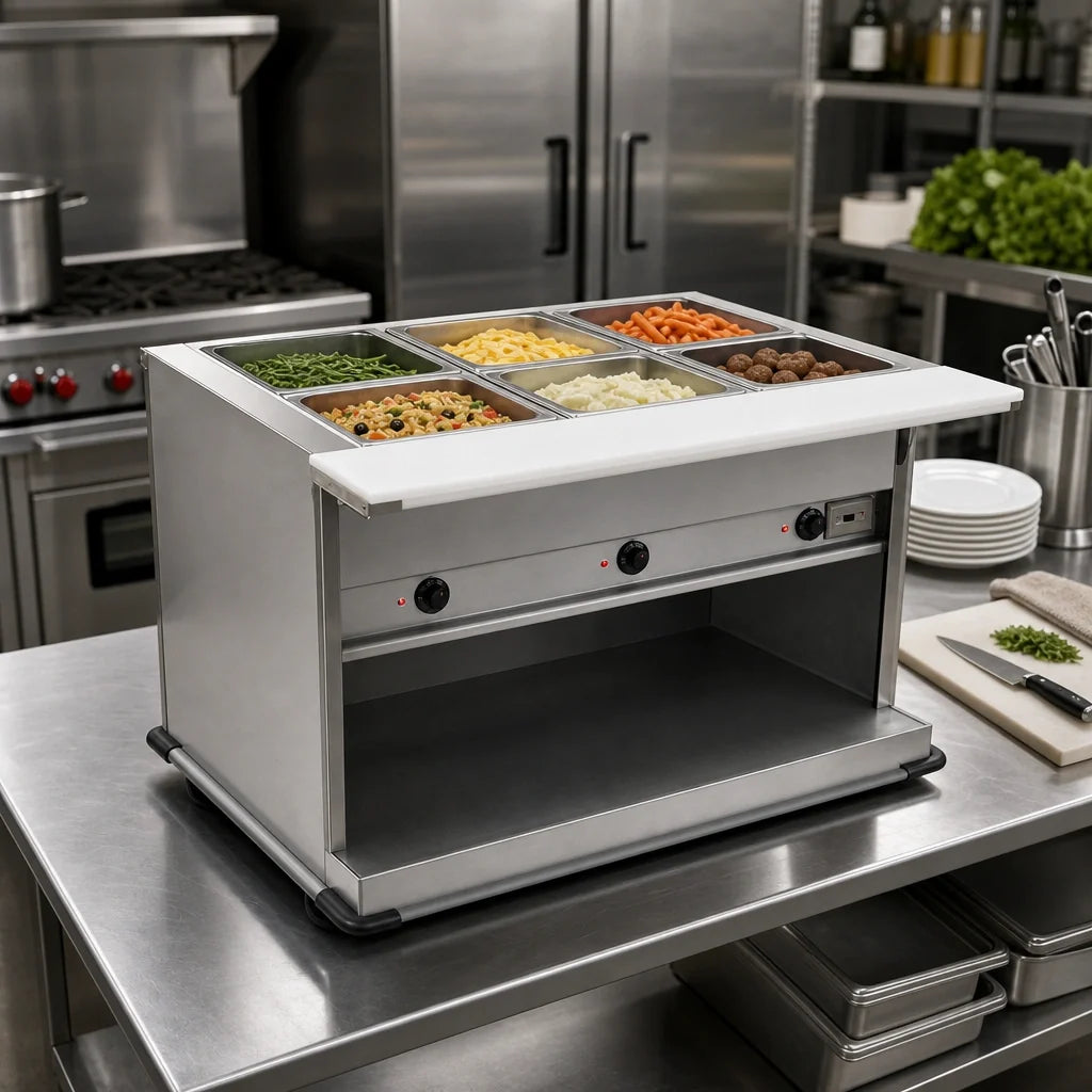 Eagle Group Spec-Master PHT6OB-208-3 6-Well Electric Mobile Hot Food Table with Polyethylene Cutting Board, 208V, 3-Phase
