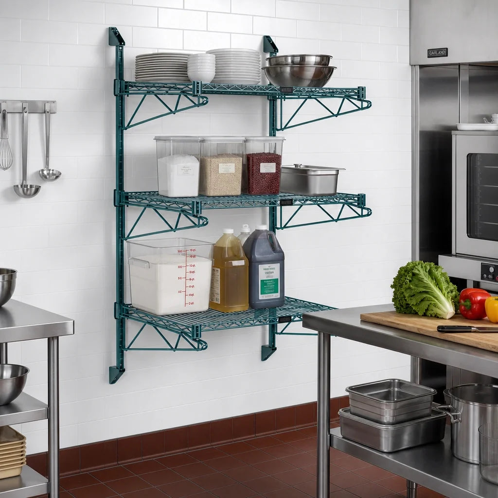 Quantum WC54-CB2142P 3-Shelf Wall-Mount Cantilever Wire Shelf Starter Unit, Green Epoxy Antimicrobial Finish