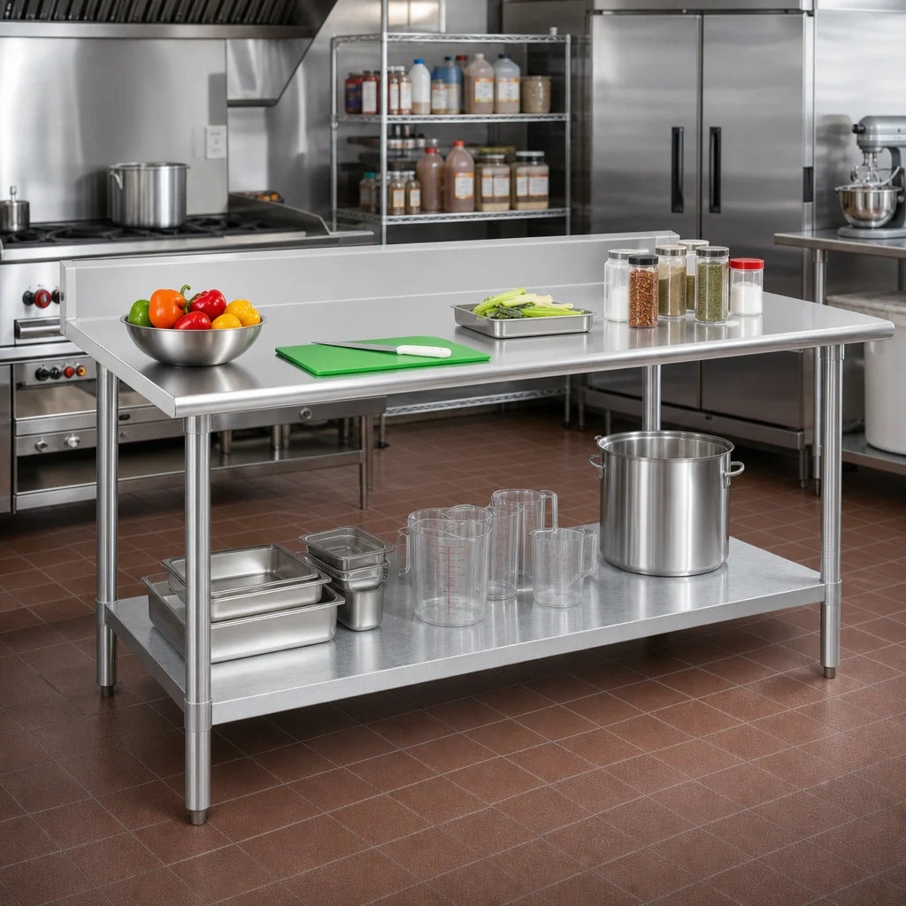 Eagle Group Spec-Master T30144E-BS 144 x 30 in Stainless Steel Work Table with 4-1/2 in Backsplash and Adjustable Galvanized Undershelf