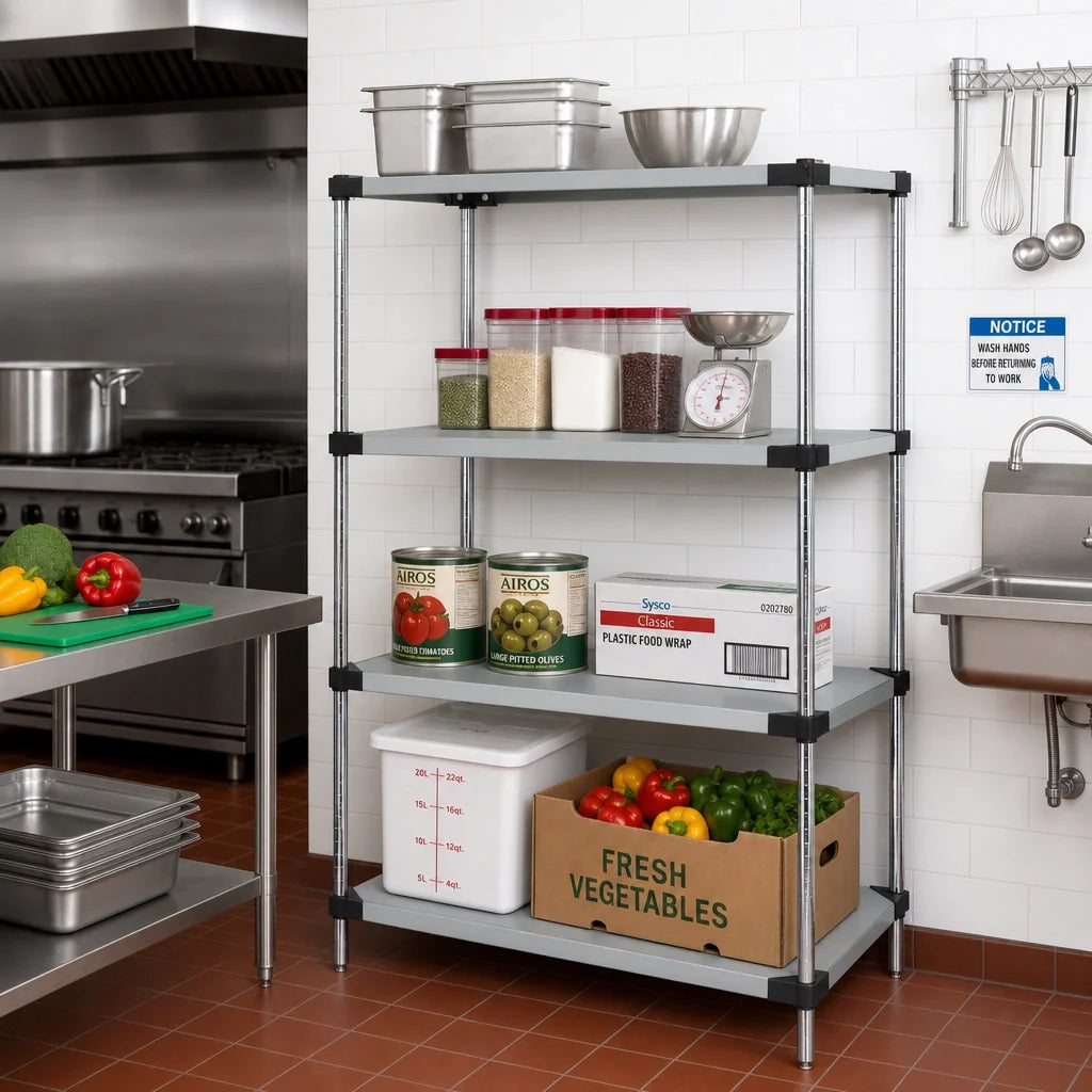 Quantum WRS4-63-2142SS 304 Stainless Steel Solid Shelving Starter Kit, 42"W x 21"D x 63"H, 4-Shelf Stationary