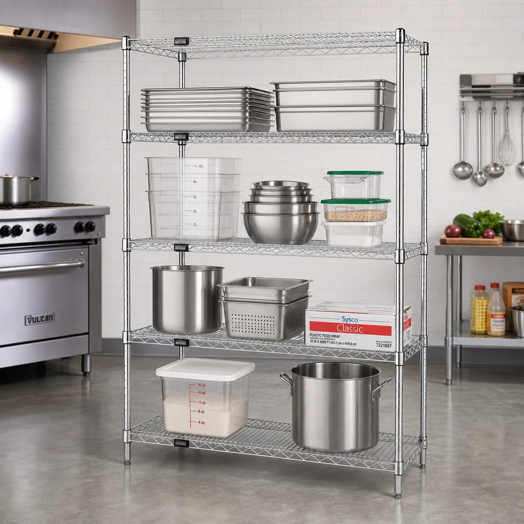 Quantum WR54-3072C-5 Stationary Chrome Wire Shelving Starter Unit, 5 Shelves, 4 Posts, 72"W x 30"D x 54"H