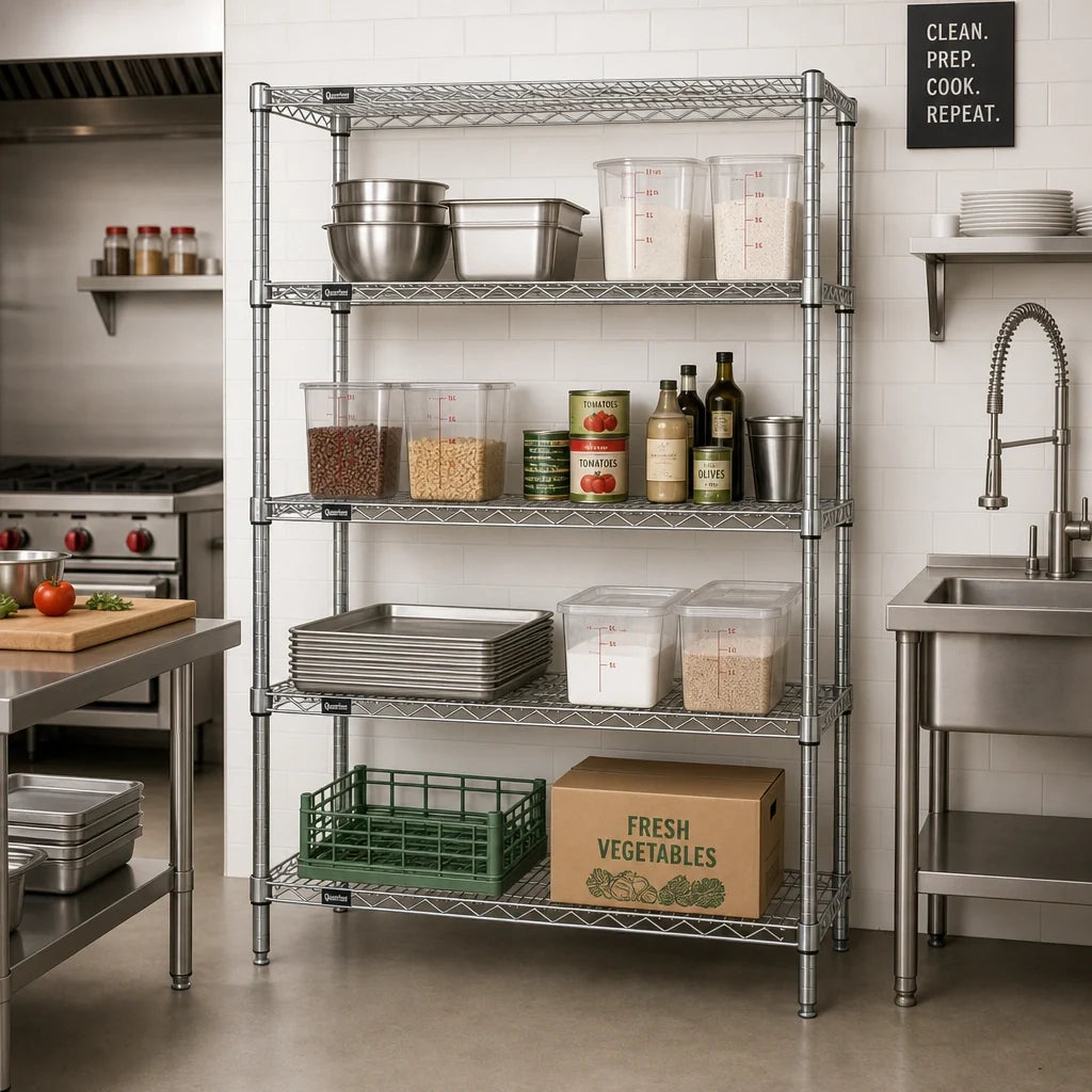 Quantum WR63-2472C 4-Shelf Stationary Chrome Wire Shelving Starter Unit, 72"W x 24"D x 63"H