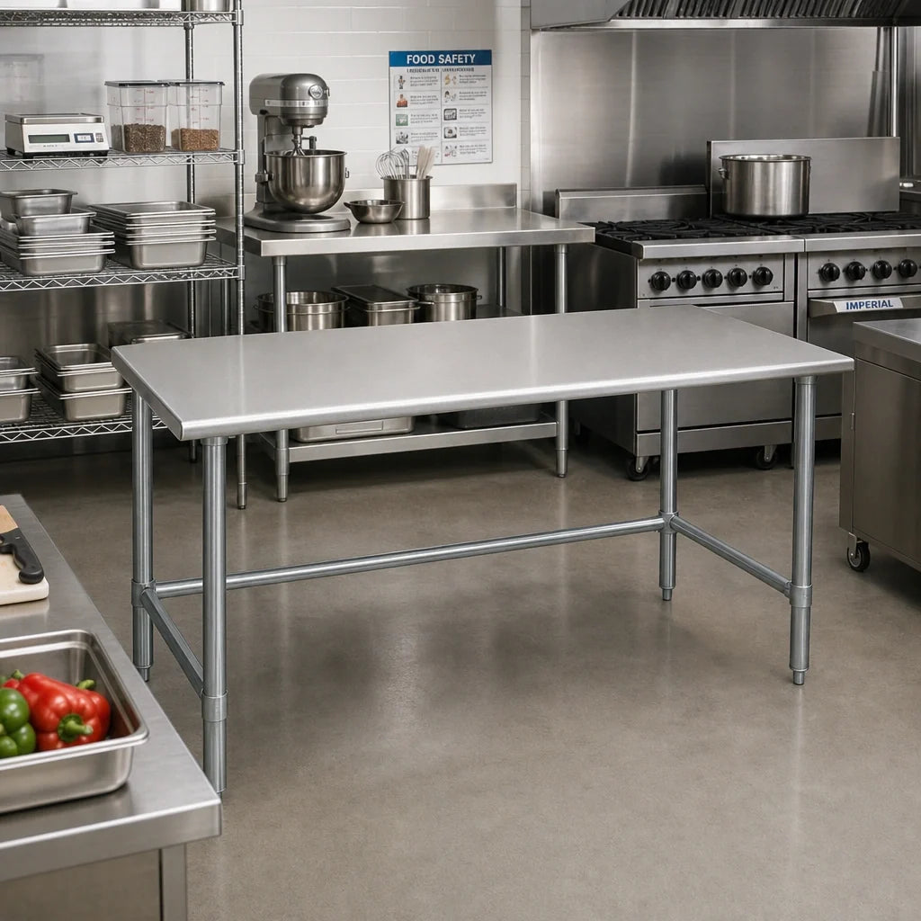 Eagle Group Spec-Master T3048GTE 48-Inch x 30-Inch 14-Gauge 304 Stainless Steel Flat-Top Work Table with Galvanized Open Base