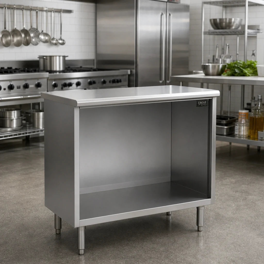 Eagle Group Spec-Master OB2460SE Open-Front Stainless Steel Cabinet Base Work Table, 60"W x 24"D, Flat 14-Gauge Top, Rolled Edges