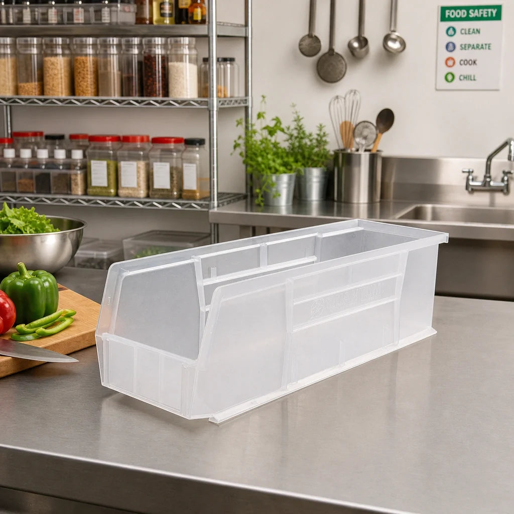 Quantum QUS238CL Clear Polypropylene Stack & Hang Shelf Bin, 18 x 5-1/2 x 5 Inches Case of 12